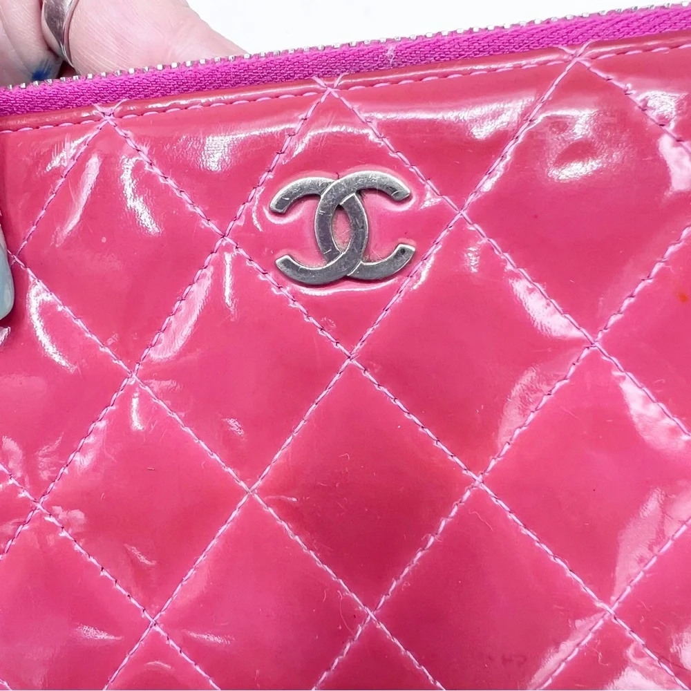 CHANEL Patent Quilted Zip Around Long Wallet Pink Salmon 14 Series (2011)